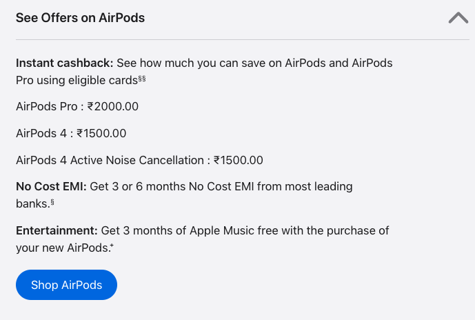 Cashback details from Official Apple India Website for Airpods